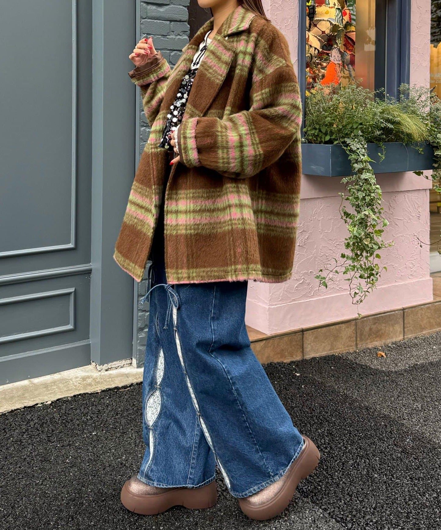 【HELLO.SANFRANCISCO/ハローサンフランシスコ】格紋長毛呢大衣