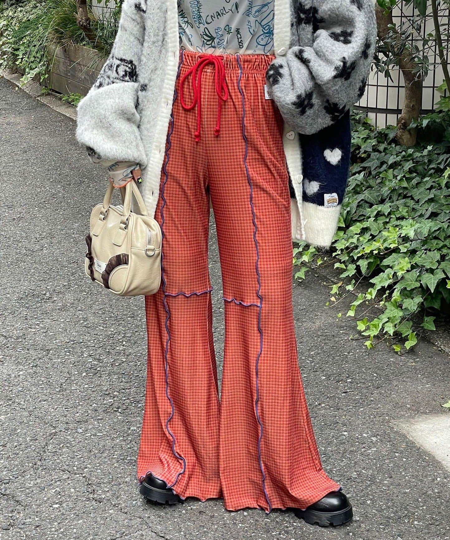 【HELLO.SANFRANCISCO/ハローサンフランシスコ】格紋荷葉邊拼接喇叭褲