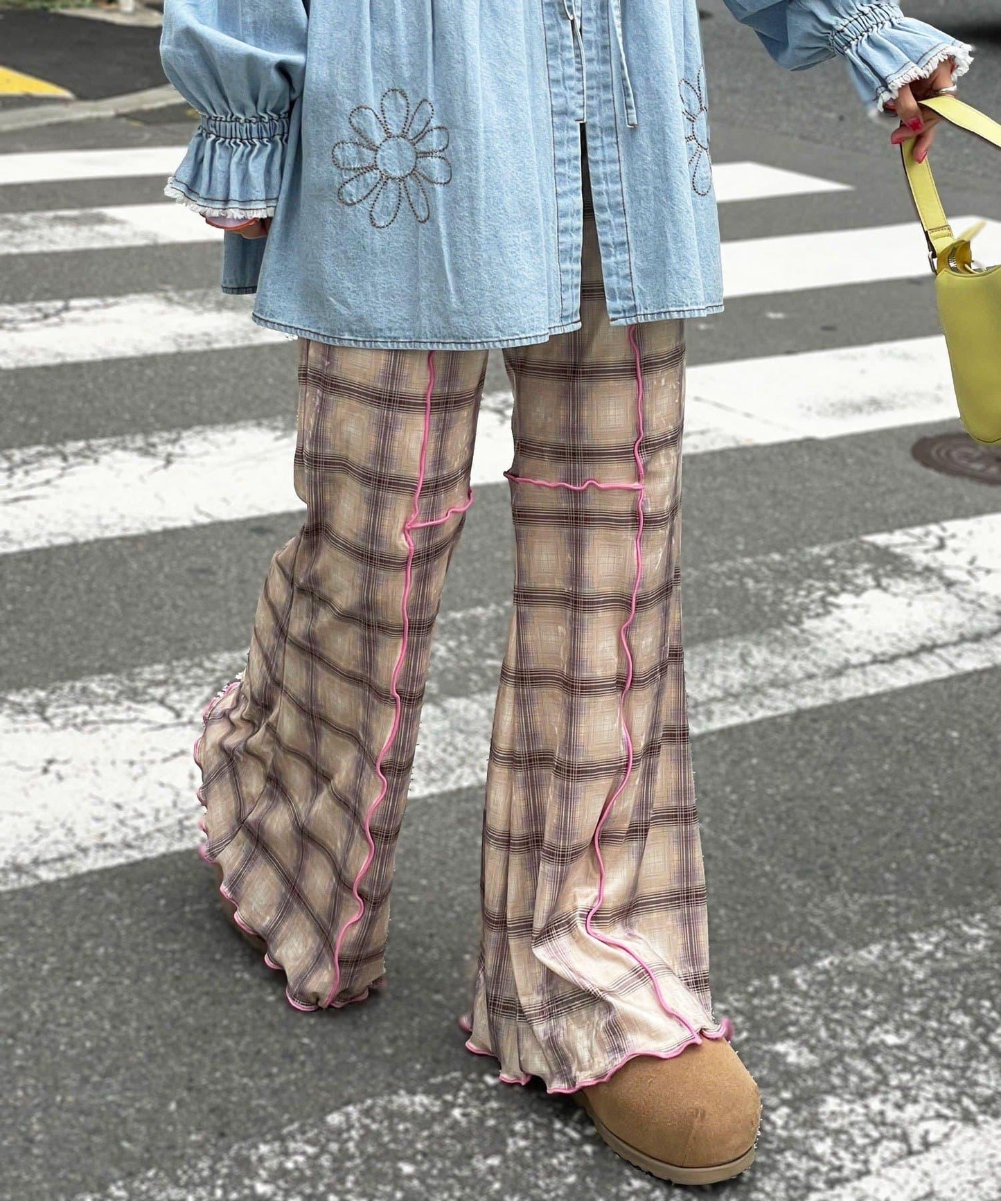 【HELLO.SANFRANCISCO/ハローサンフランシスコ】格紋荷葉邊拼接喇叭褲