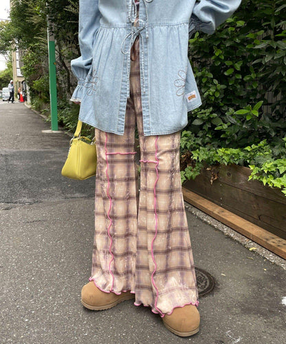 【HELLO.SANFRANCISCO/ハローサンフランシスコ】格紋荷葉邊拼接喇叭褲