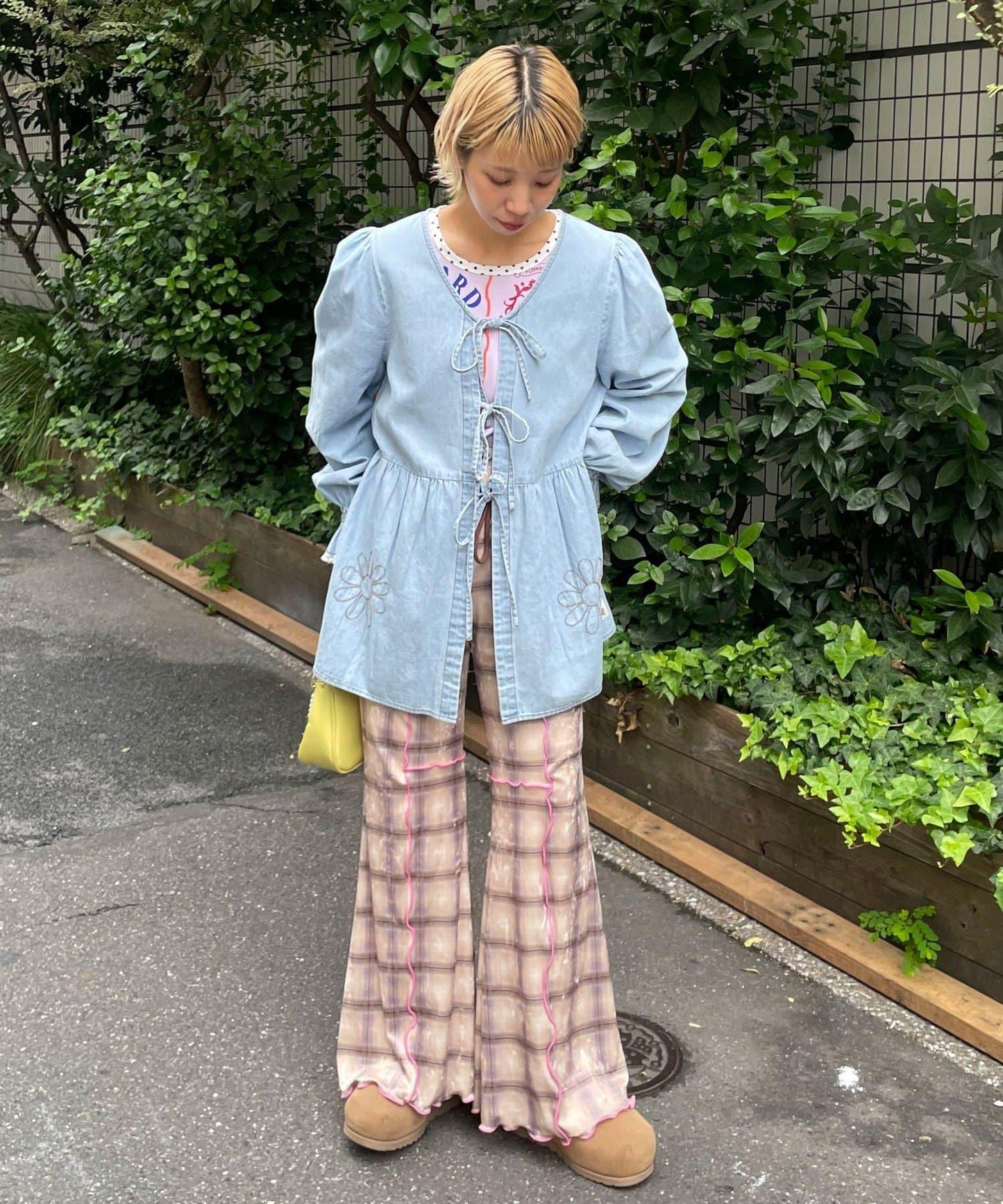 【HELLO.SANFRANCISCO/ハローサンフランシスコ】格紋荷葉邊拼接喇叭褲