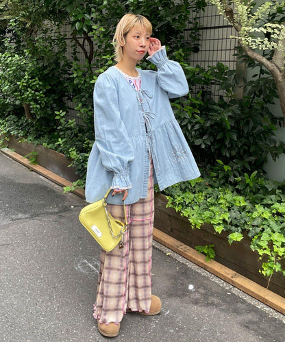 【HELLO.SANFRANCISCO/ハローサンフランシスコ】格紋荷葉邊拼接喇叭褲
