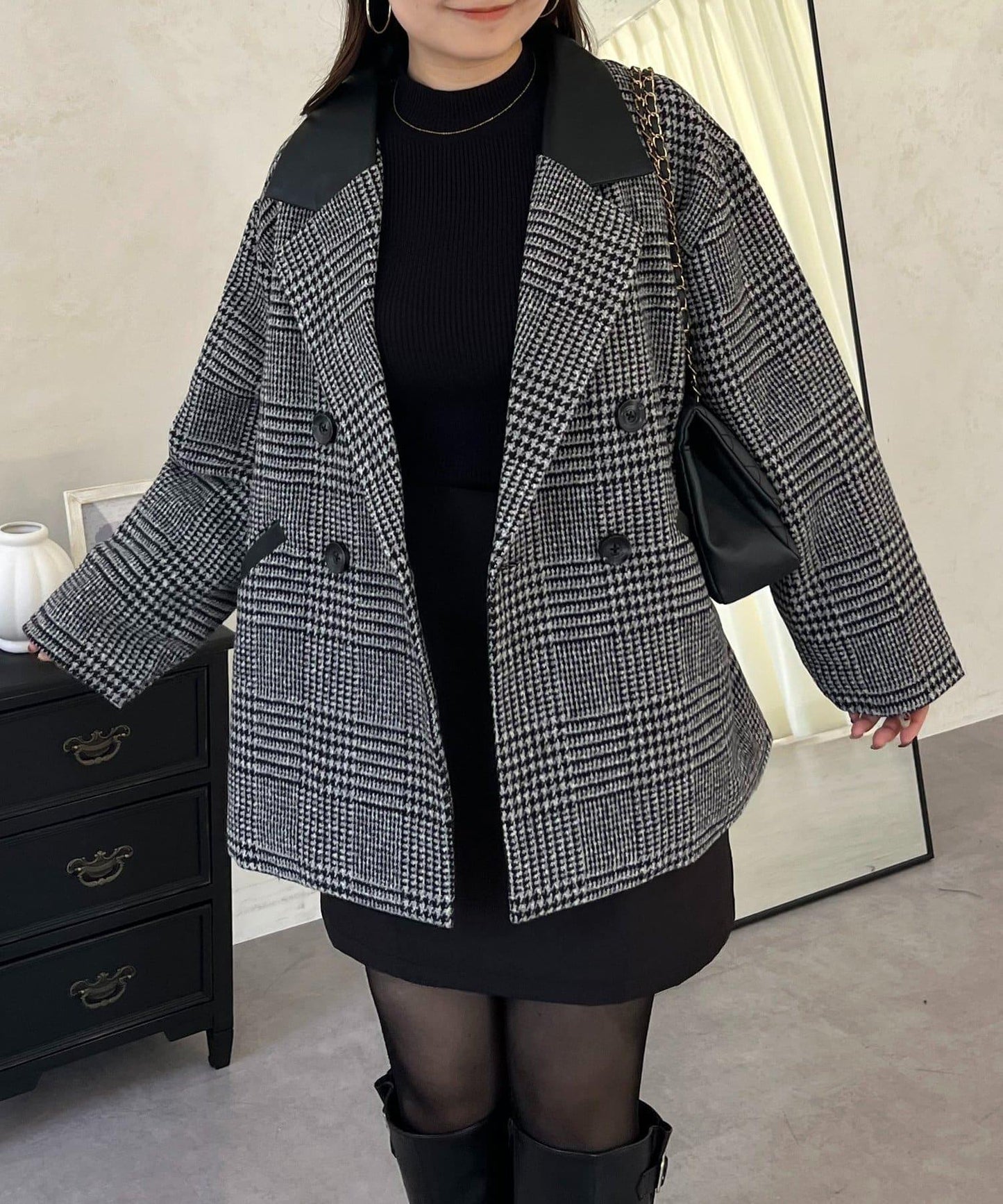 皮革領拼接內襯絎縫格紋大衣