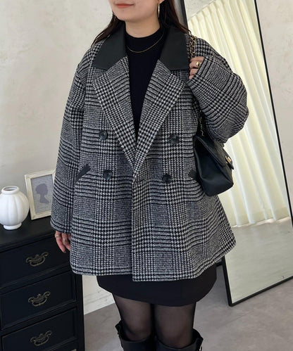 皮革領拼接內襯絎縫格紋大衣