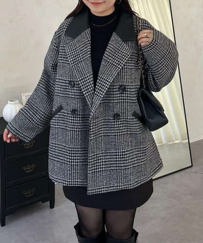 皮革領拼接內襯絎縫格紋大衣