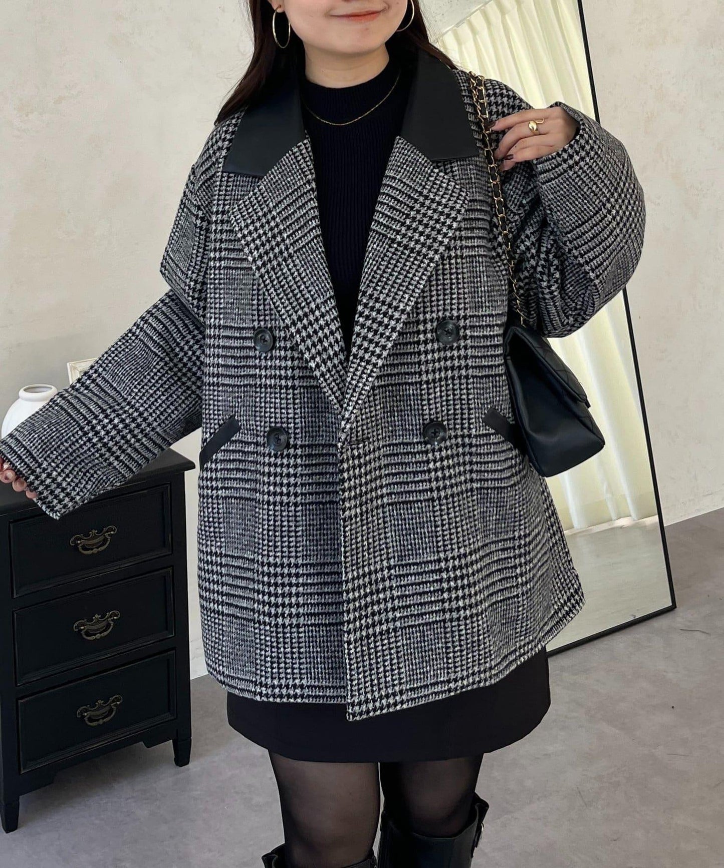 皮革領拼接內襯絎縫格紋大衣