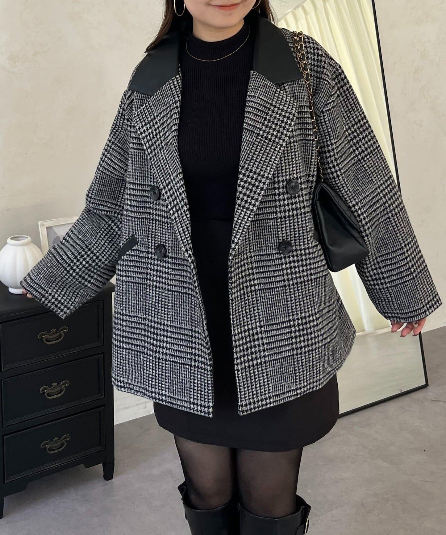 皮革領拼接內襯絎縫格紋大衣