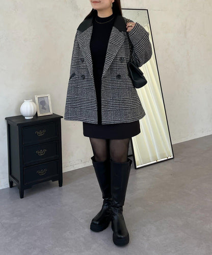 皮革領拼接內襯絎縫格紋大衣