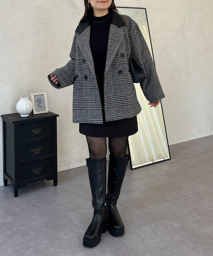 皮革領拼接內襯絎縫格紋大衣