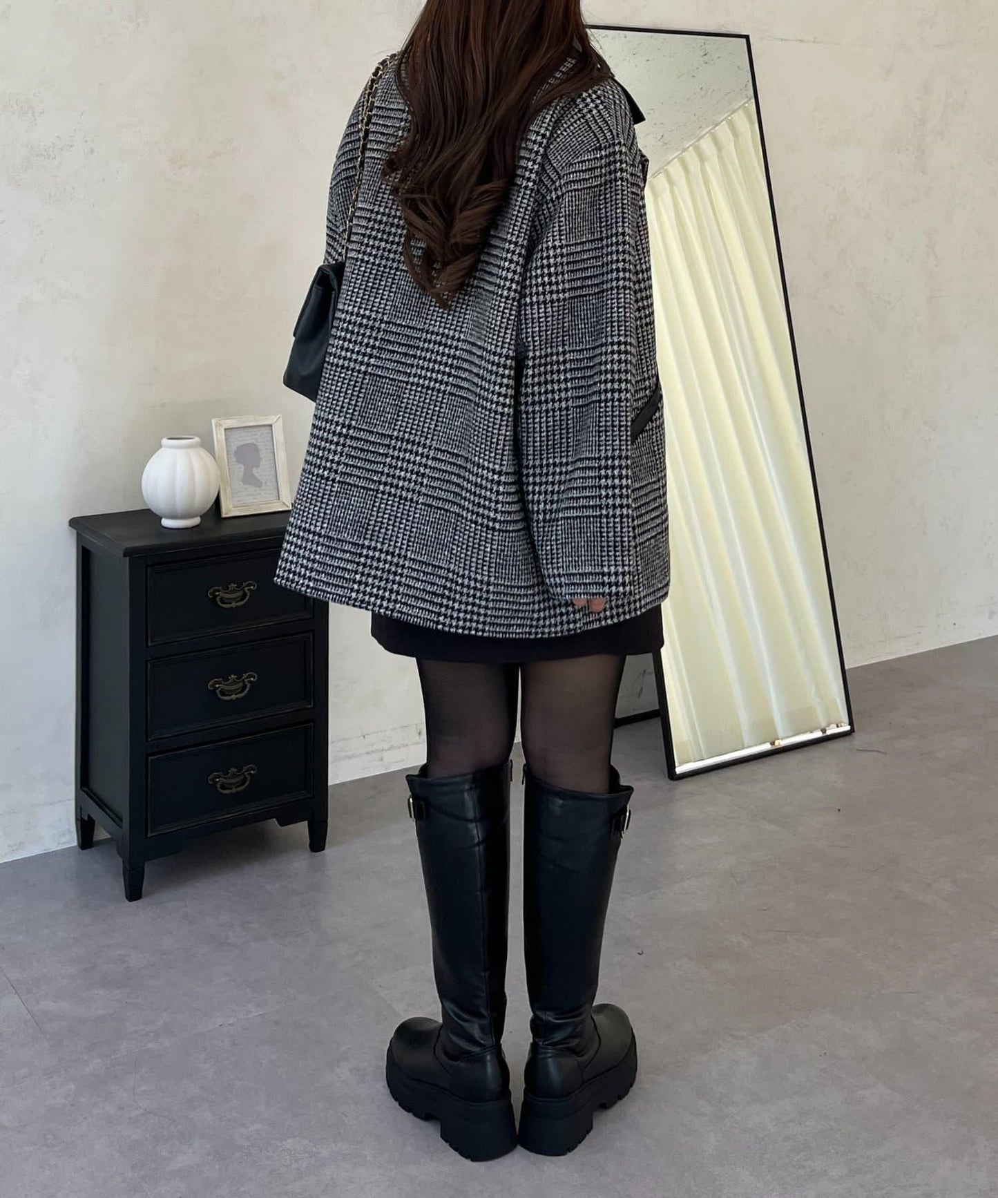 皮革領拼接內襯絎縫格紋大衣