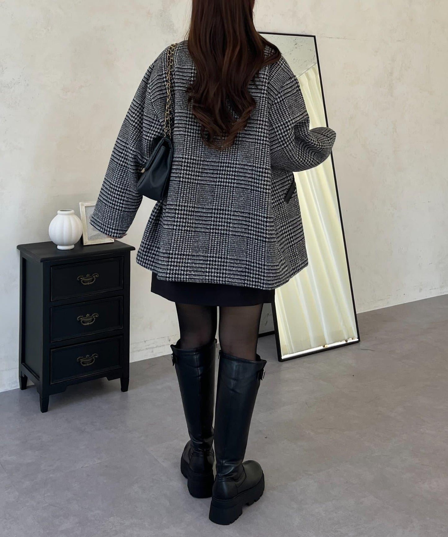 皮革領拼接內襯絎縫格紋大衣