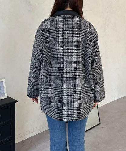 皮革領拼接內襯絎縫格紋大衣