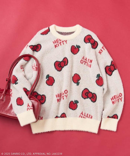 「HELLO KITTY」毛絨蝴蝶結全印花針織衫