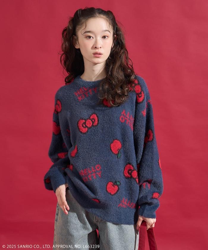 「HELLO KITTY」毛絨蝴蝶結全印花針織衫