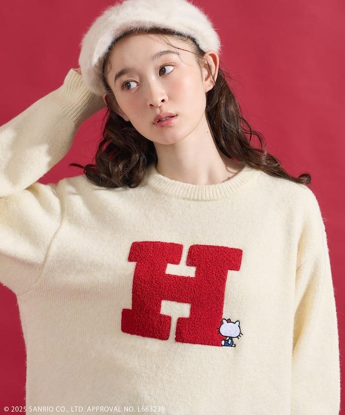 「HELLO KITTY」毛圈刺繡字母針織衫