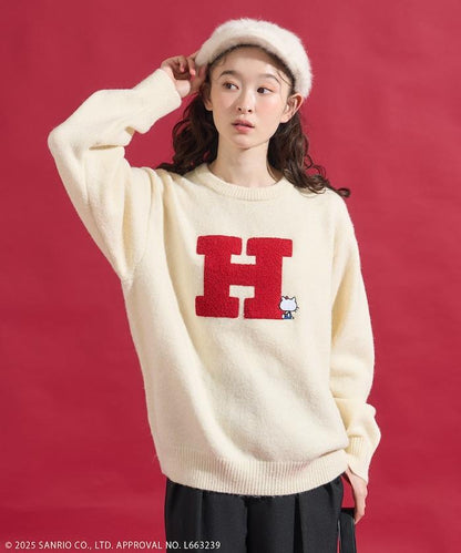 「HELLO KITTY」毛圈刺繡字母針織衫