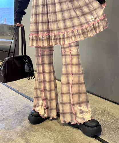 ★【HELLO.SANFRANCISCO/ハローサンフランシスコ】格紋荷葉邊拼接喇叭褲