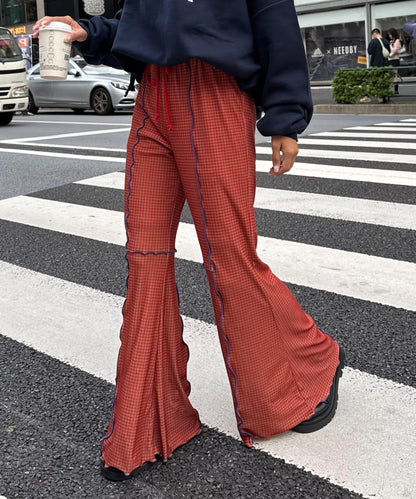 ★【HELLO.SANFRANCISCO/ハローサンフランシスコ】格紋荷葉邊拼接喇叭褲