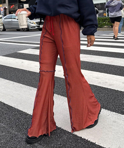 ★【HELLO.SANFRANCISCO/ハローサンフランシスコ】格紋荷葉邊拼接喇叭褲