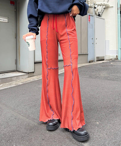 ★【HELLO.SANFRANCISCO/ハローサンフランシスコ】格紋荷葉邊拼接喇叭褲