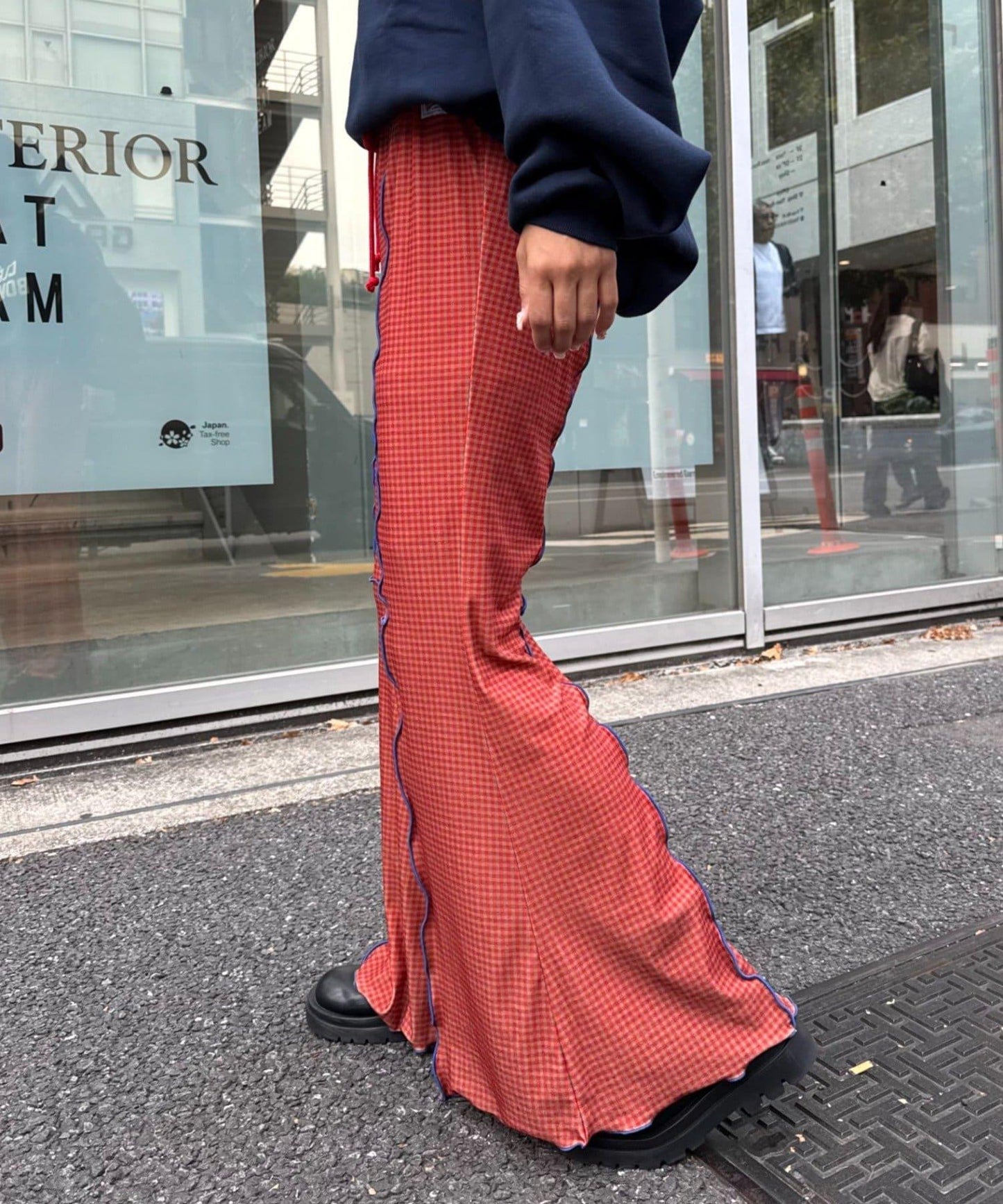 ★【HELLO.SANFRANCISCO/ハローサンフランシスコ】格紋荷葉邊拼接喇叭褲