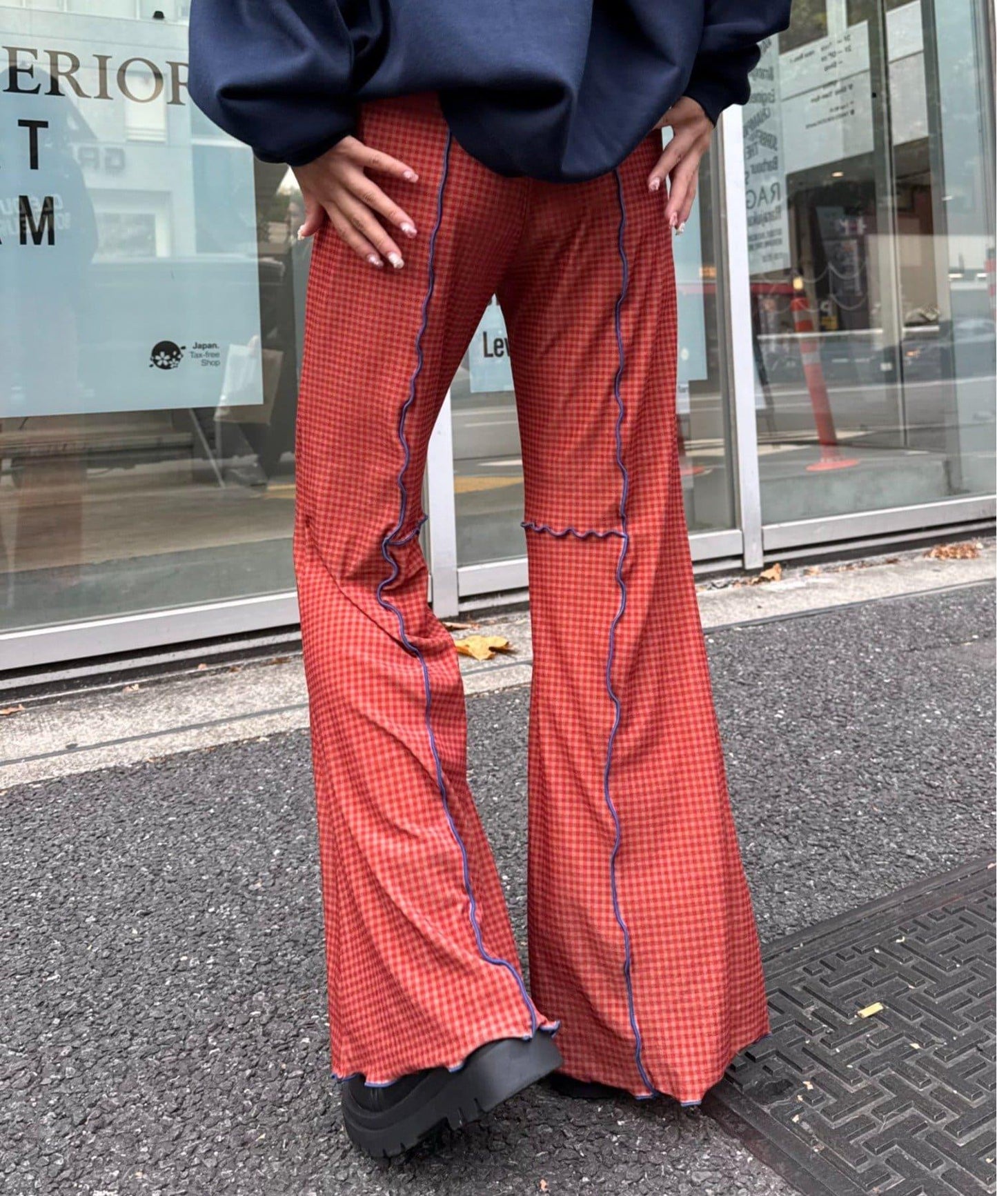 ★【HELLO.SANFRANCISCO/ハローサンフランシスコ】格紋荷葉邊拼接喇叭褲