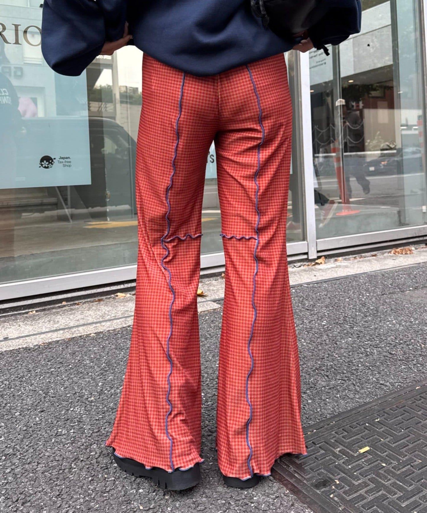 ★【HELLO.SANFRANCISCO/ハローサンフランシスコ】格紋荷葉邊拼接喇叭褲