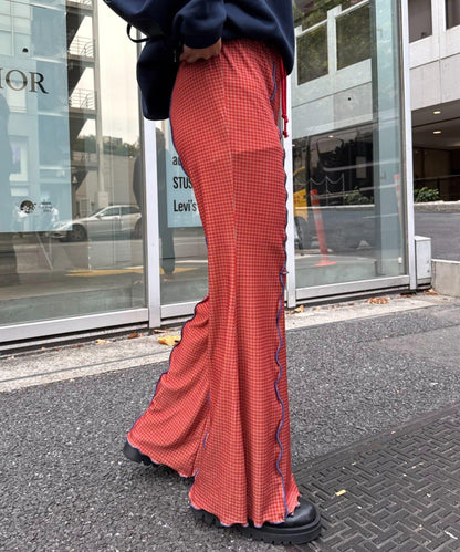 ★【HELLO.SANFRANCISCO/ハローサンフランシスコ】格紋荷葉邊拼接喇叭褲