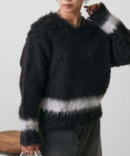 前後兩穿拼色長毛絨套頭衫