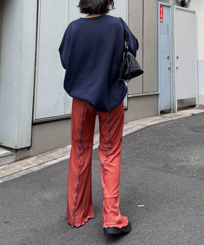 ★【HELLO.SANFRANCISCO/ハローサンフランシスコ】格紋荷葉邊拼接喇叭褲