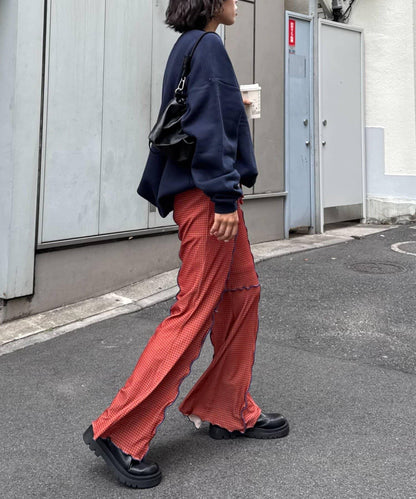 ★【HELLO.SANFRANCISCO/ハローサンフランシスコ】格紋荷葉邊拼接喇叭褲