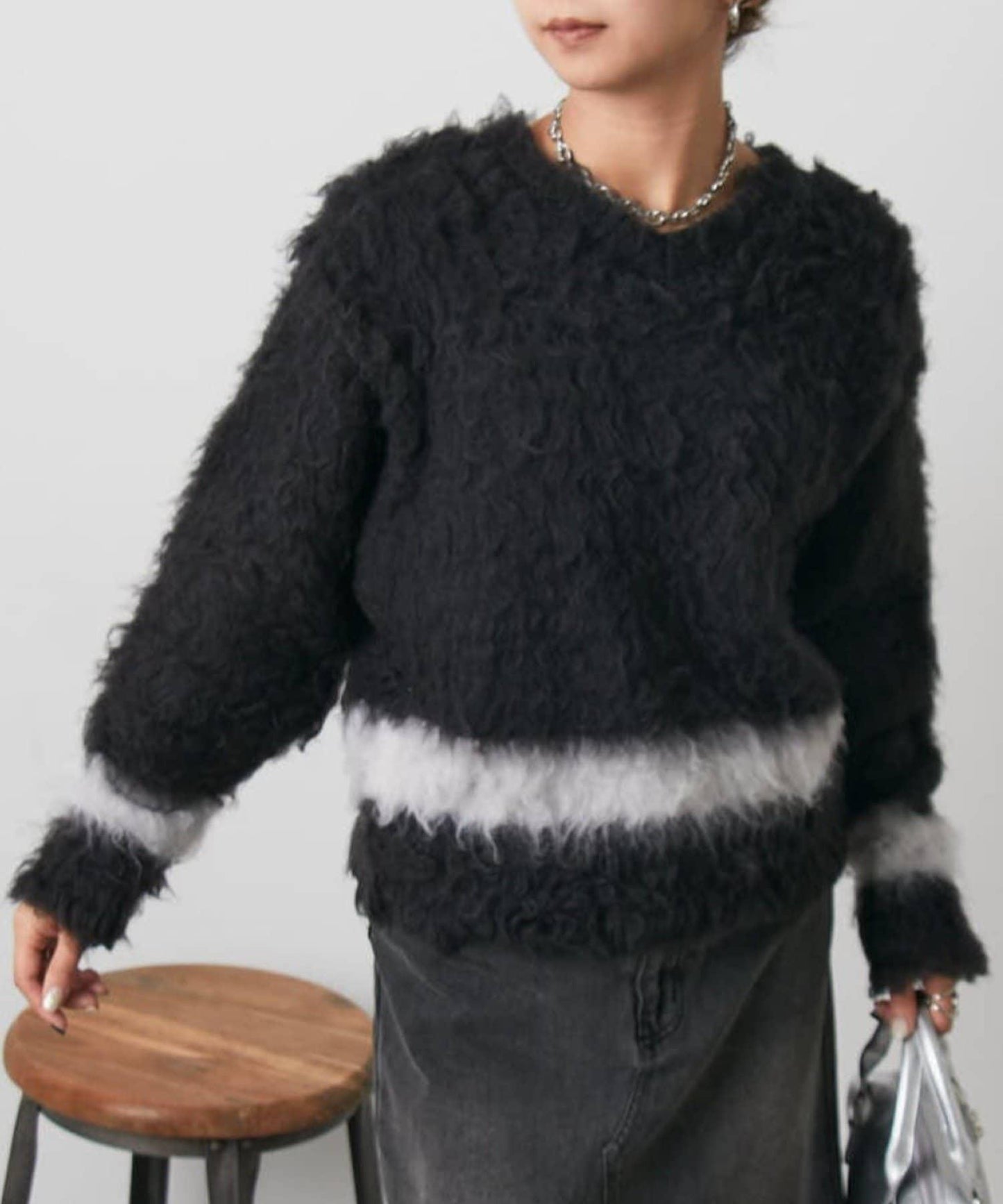 前後兩穿拼色長毛絨套頭衫