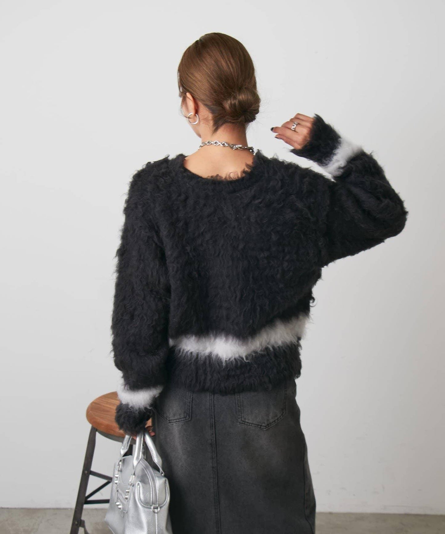 前後兩穿拼色長毛絨套頭衫