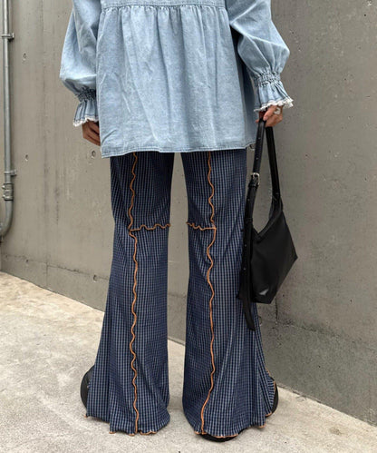 ★【HELLO.SANFRANCISCO/ハローサンフランシスコ】格紋荷葉邊拼接喇叭褲