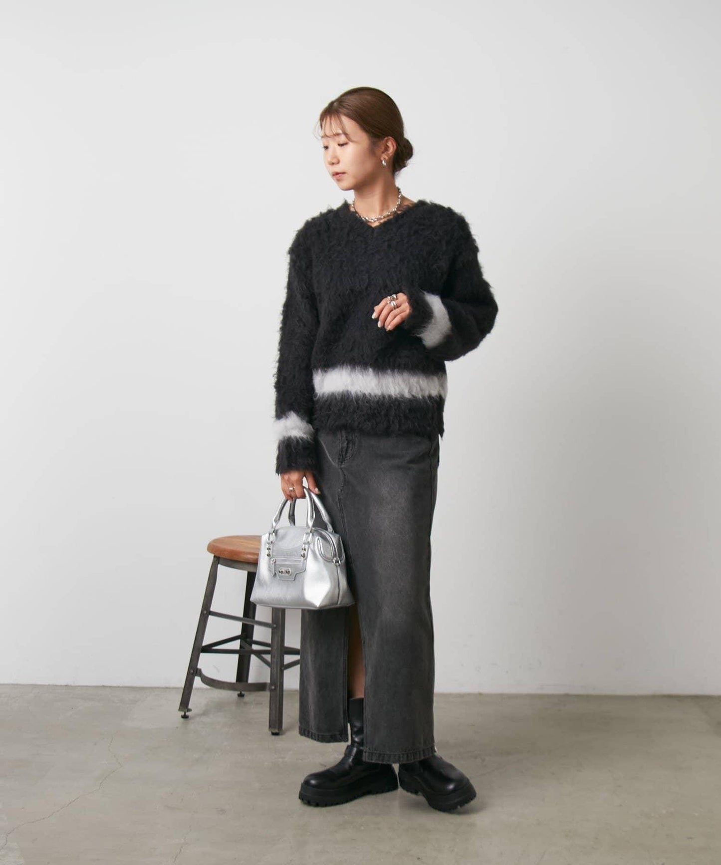 前後兩穿拼色長毛絨套頭衫