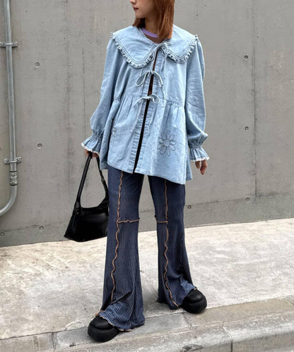 ★【HELLO.SANFRANCISCO/ハローサンフランシスコ】格紋荷葉邊拼接喇叭褲