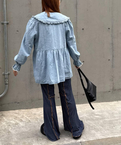 ★【HELLO.SANFRANCISCO/ハローサンフランシスコ】格紋荷葉邊拼接喇叭褲