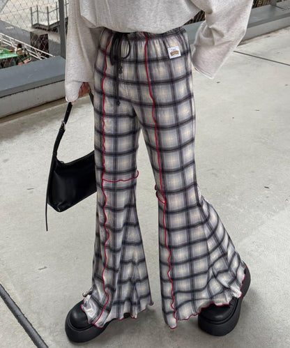 ★【HELLO.SANFRANCISCO/ハローサンフランシスコ】格紋荷葉邊拼接喇叭褲