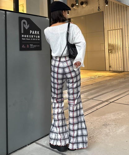 ★【HELLO.SANFRANCISCO/ハローサンフランシスコ】格紋荷葉邊拼接喇叭褲