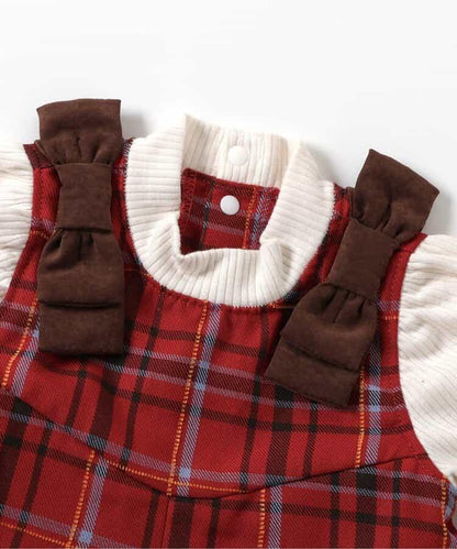 肩帶蝴蝶結格紋連體衣