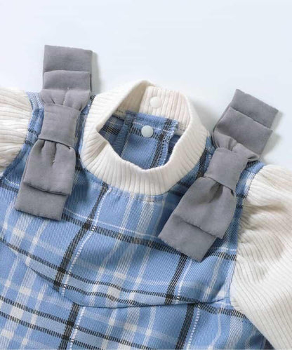 肩帶蝴蝶結格紋連體衣