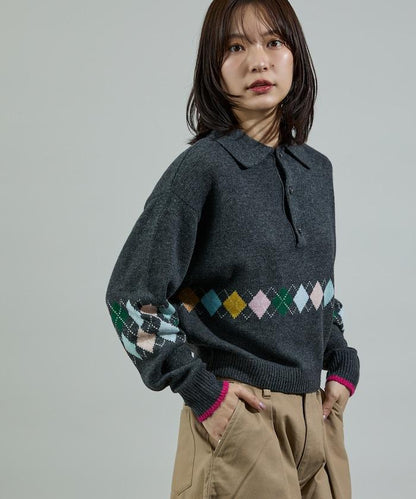 拼色迷你菱格針織POLO衫