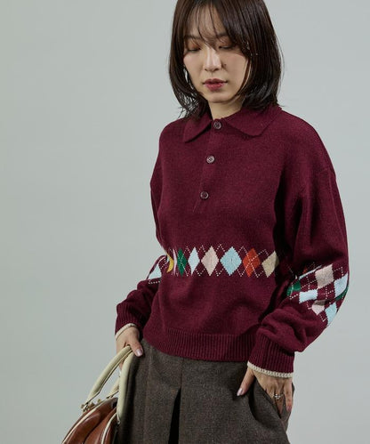 拼色迷你菱格針織POLO衫