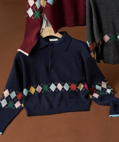 拼色迷你菱格針織POLO衫