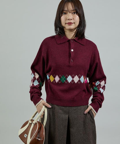 拼色迷你菱格針織POLO衫