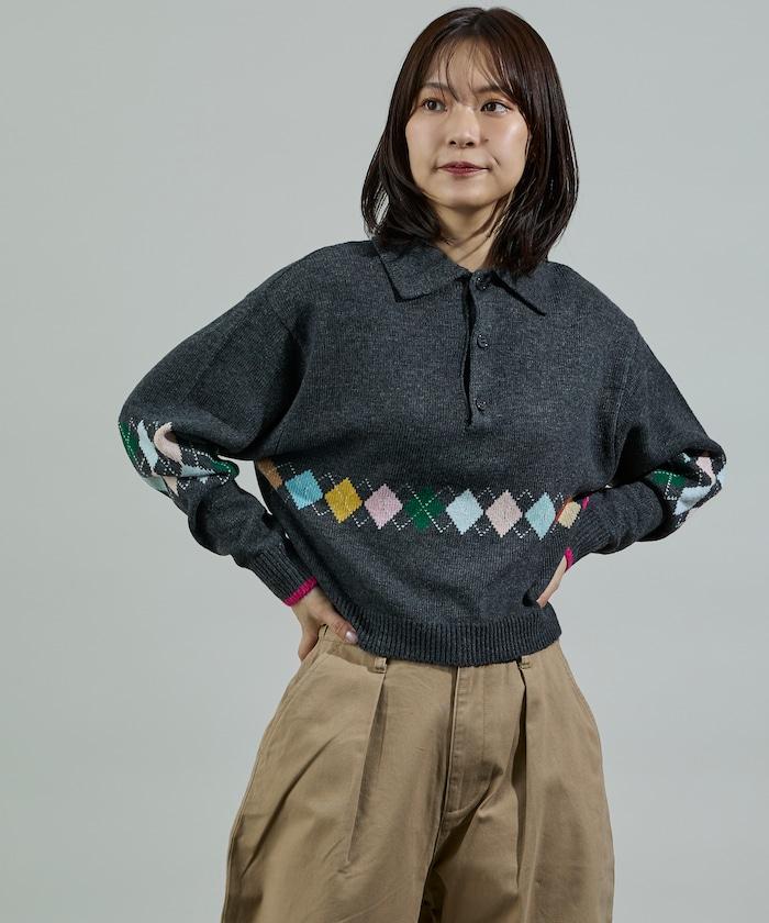 拼色迷你菱格針織POLO衫