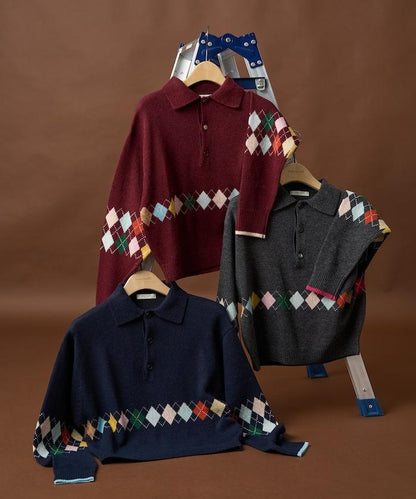 拼色迷你菱格針織POLO衫