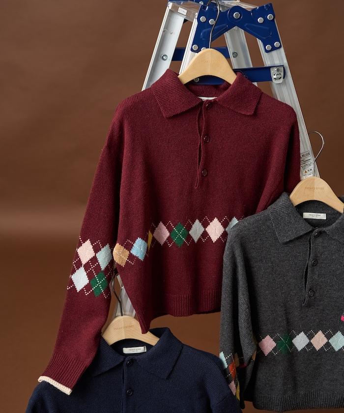 拼色迷你菱格針織POLO衫