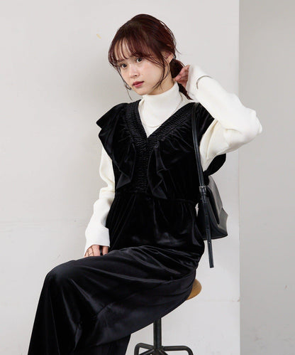 天鵝絨荷葉邊連體褲