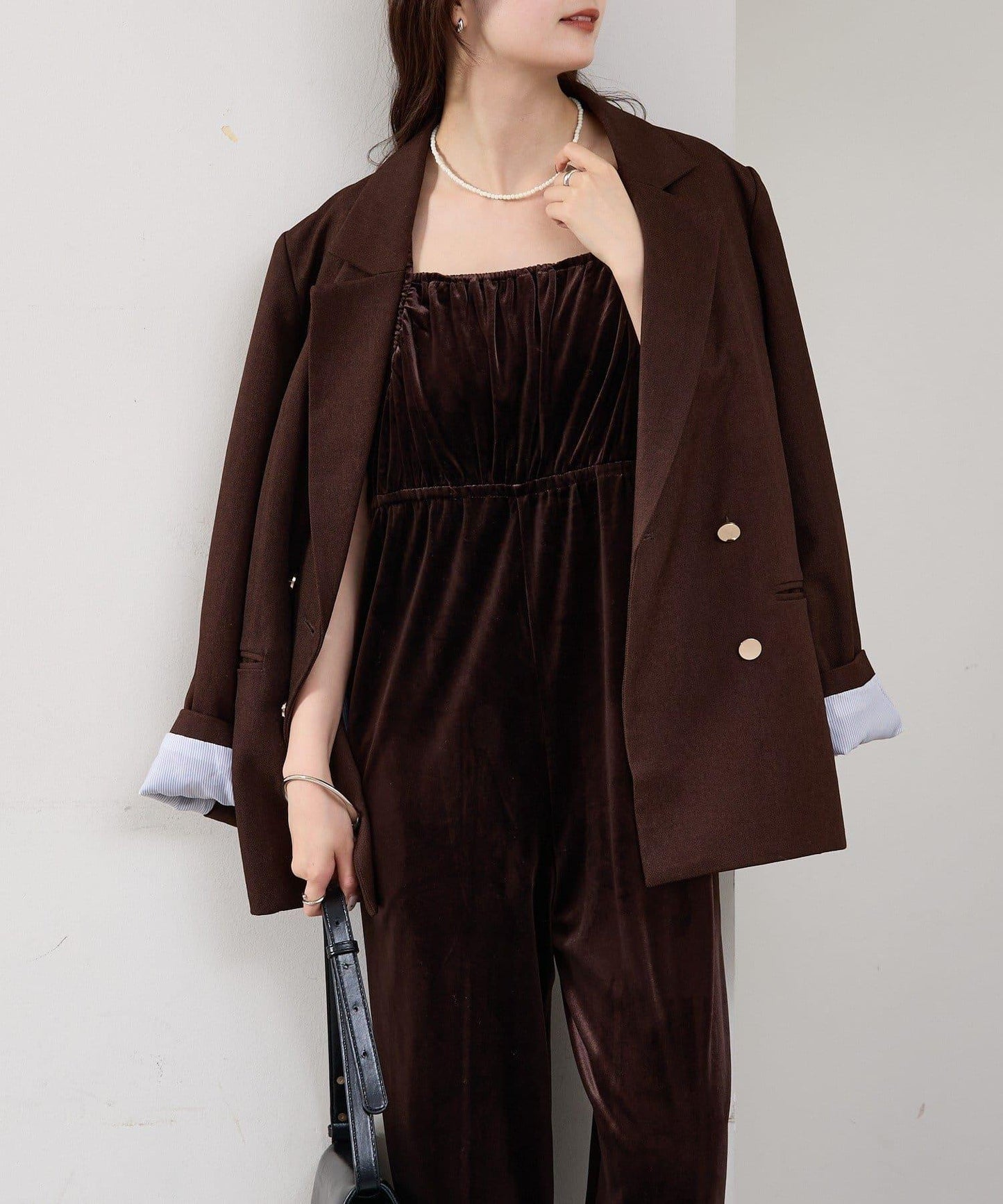 天鵝絨荷葉邊連體褲